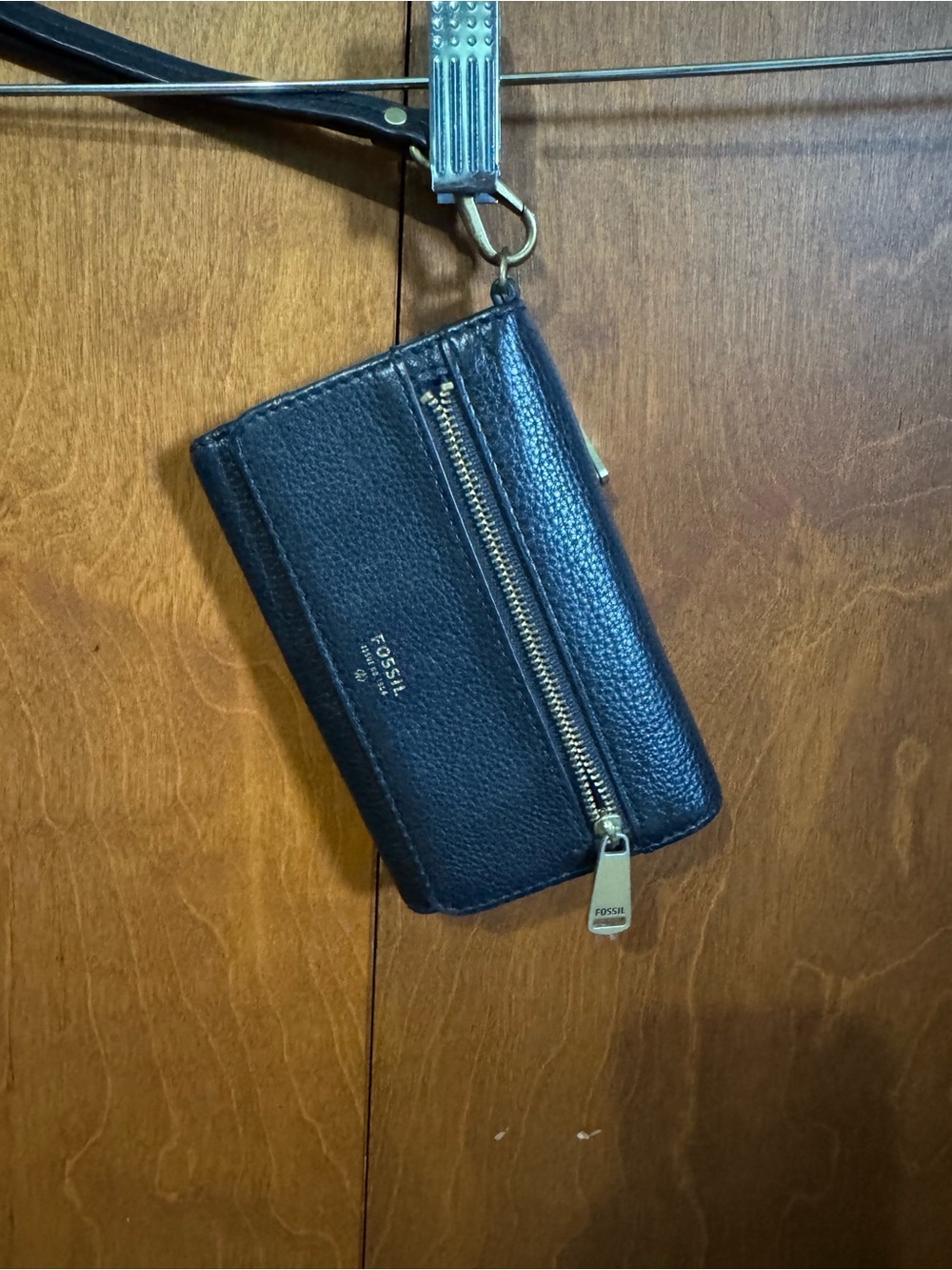 Fossil Black Pebbled Leather Wristlet with Gold Hardware